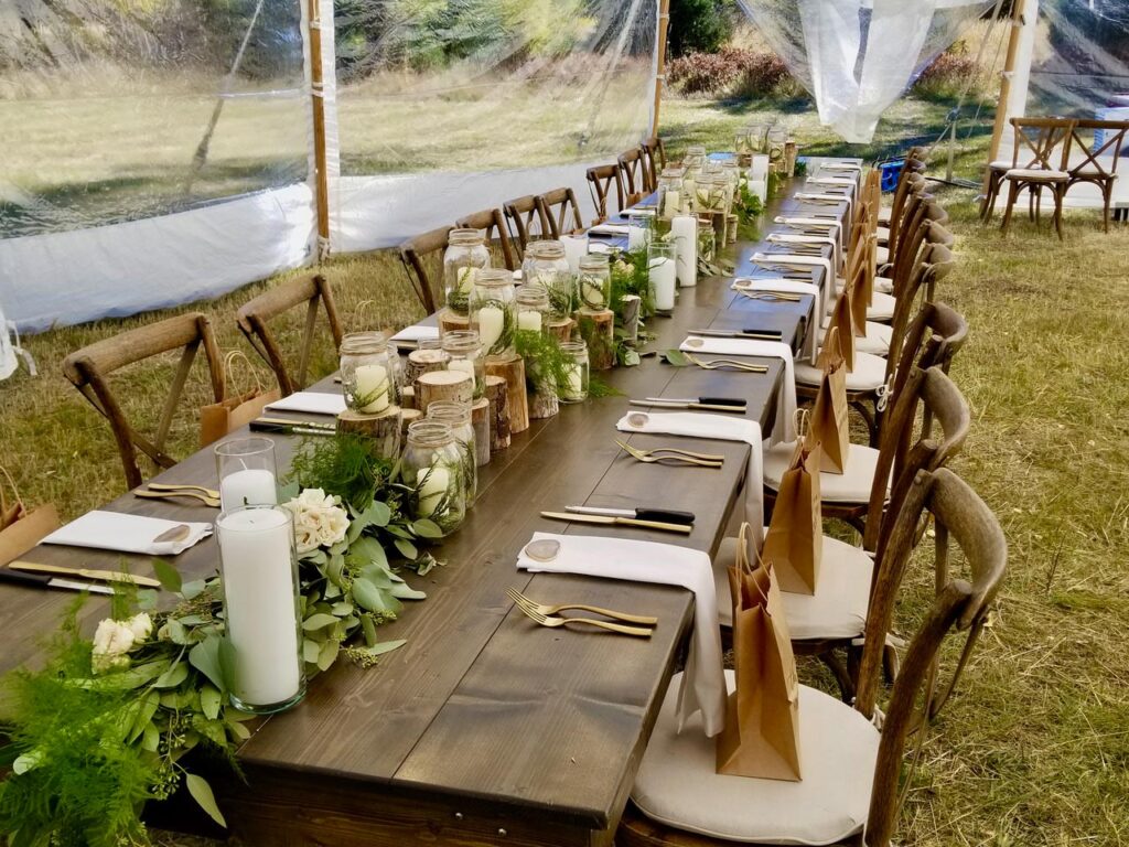 farm tables and x-back chairs