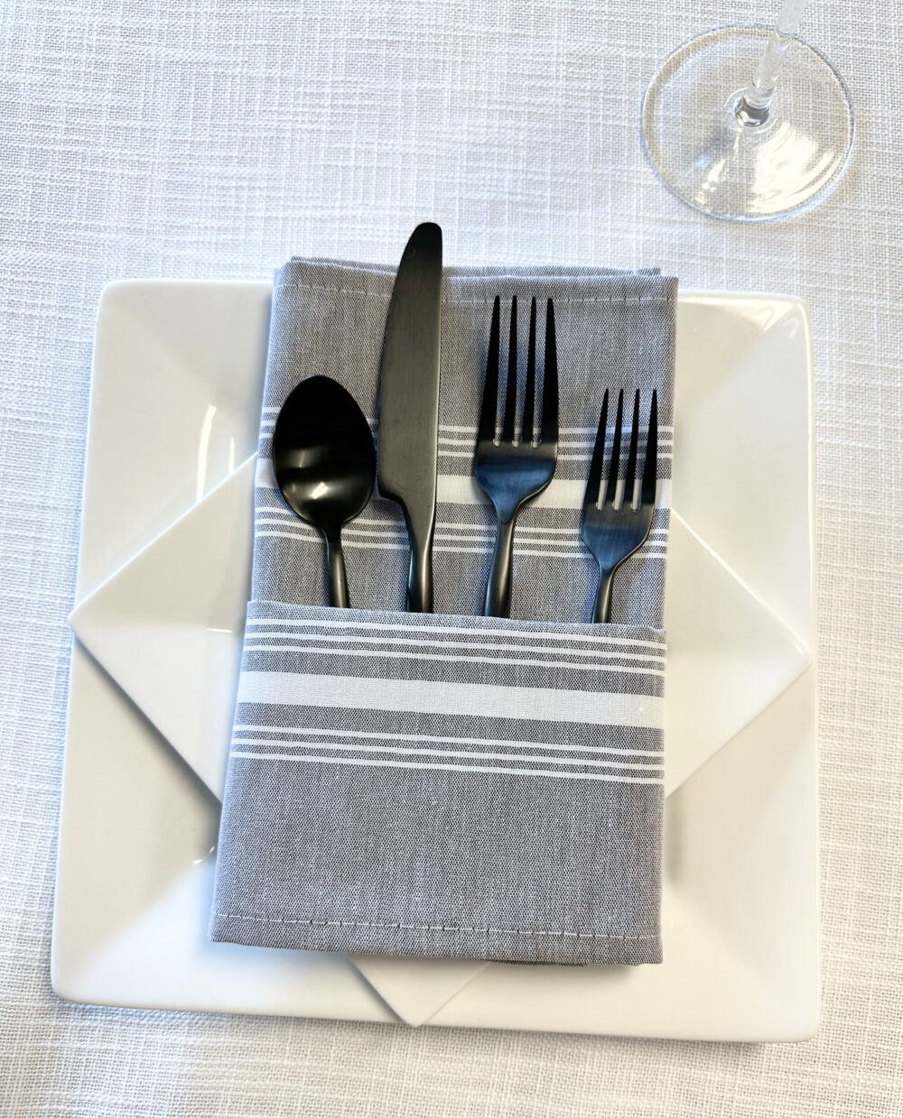 chambray napkin and black flatware