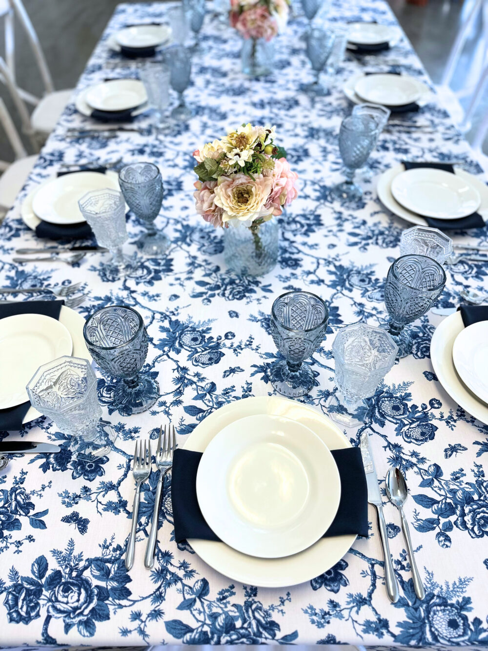 blue floral print linen